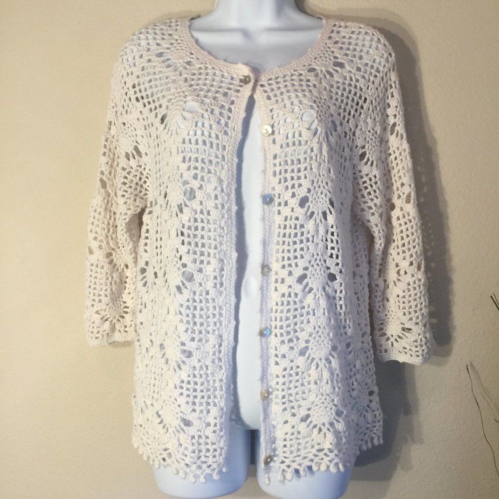 Crochet Cardigan Ramie Cotton Cream Open Knit Style Studio Boho 3/4 Sleeve L